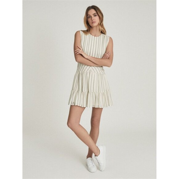 Reiss Women’s Dress Size 12 Sofia Flippy Striped Mini White Green Stripe - Picture 1 of 14